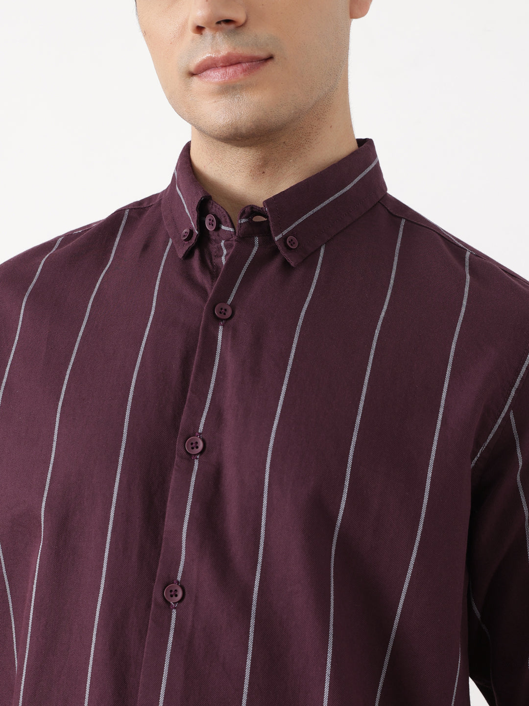 Maroon Slim Fit Long Sleeves Button-Down Collar Vertical Stripes Cotton Twill Casual Shirt For Men