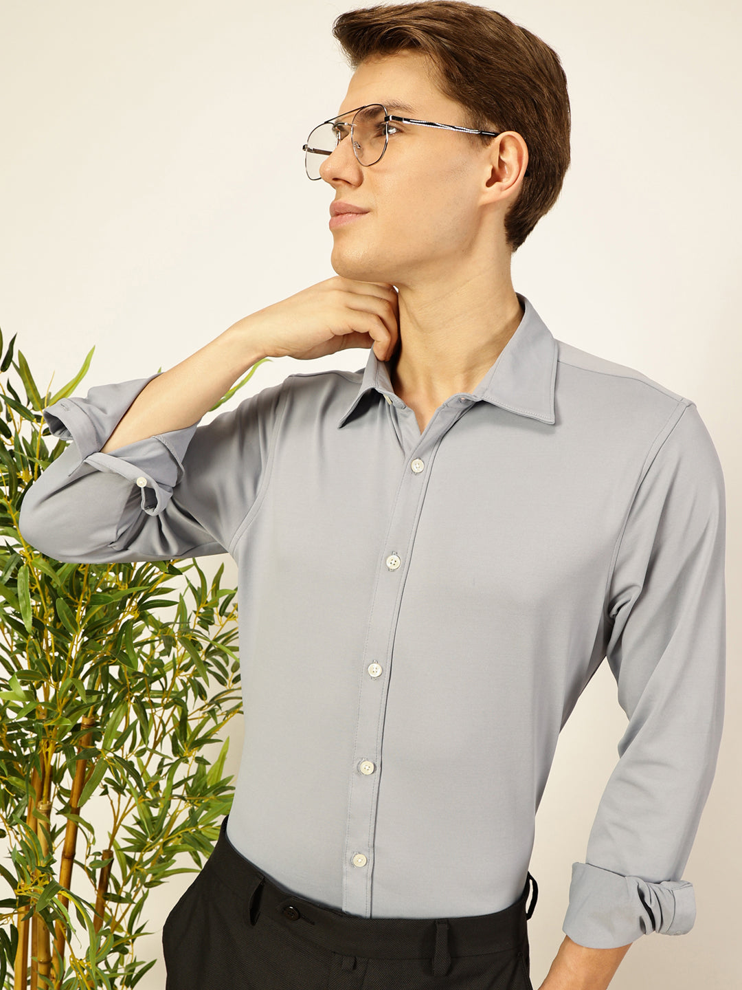 Thomas Scott Men Grey Premium Long Sleeves Slim Fit Spread Collar Solid Knitted Casual Shirt
