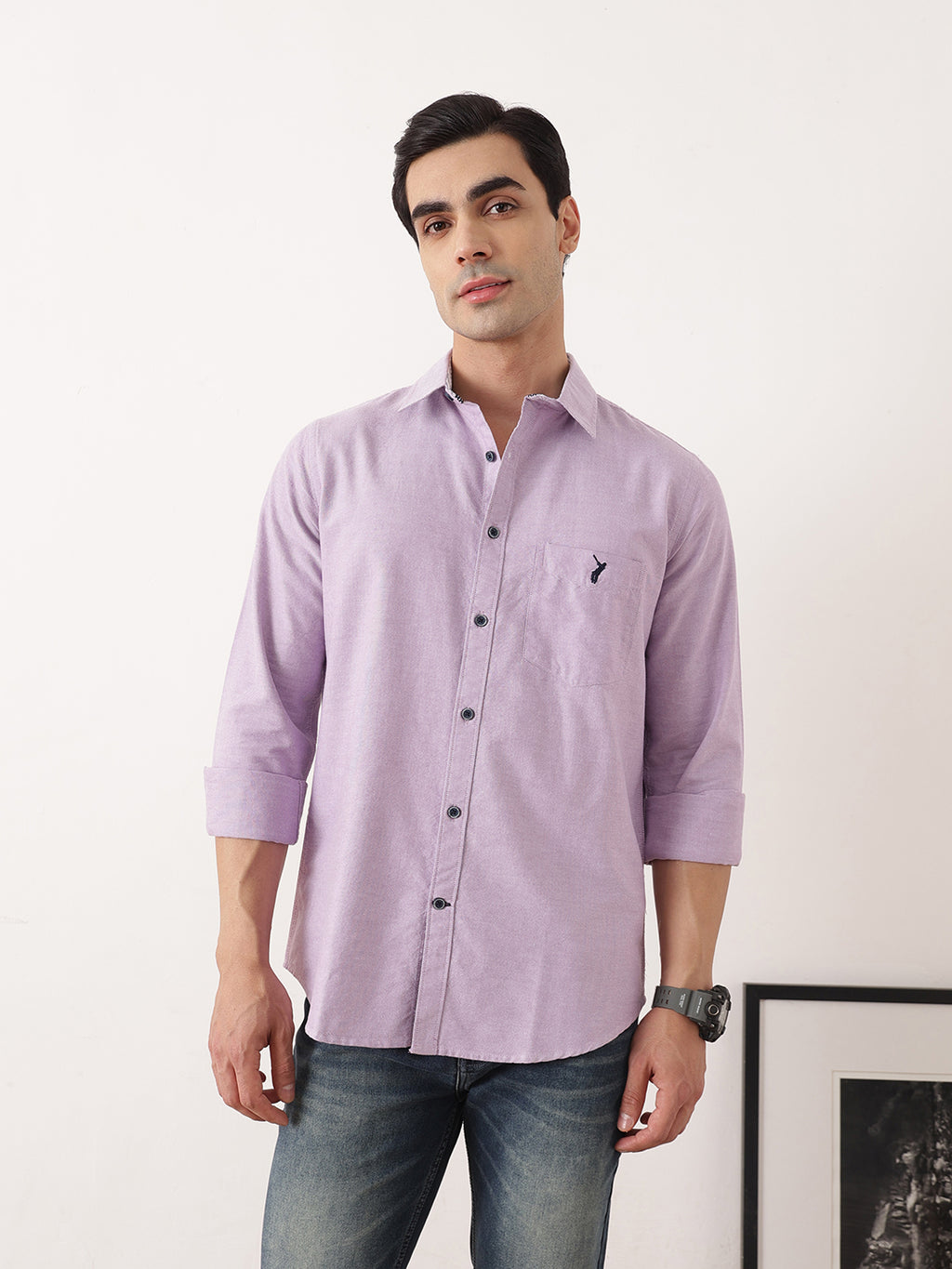Thomas Scott Men Purple Premium Slim Fit Long Sleeves Spread Collar Solid Cotton Twill Shirt