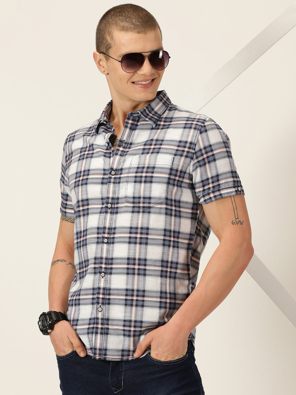 Thomas Scott Men Navy Smart Slim Fit Short Sleeves Tartan Checks Spread Collar Cotton Casual Shirt