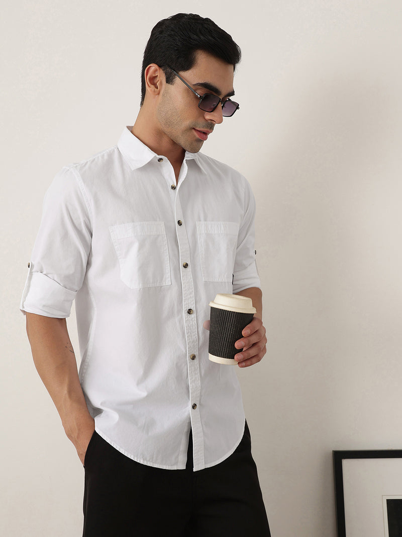 Thomas Scott Men Premium White Slim Fit Long Roll-Up Sleeves Spread Collar Solid Cotton Casual Shirts