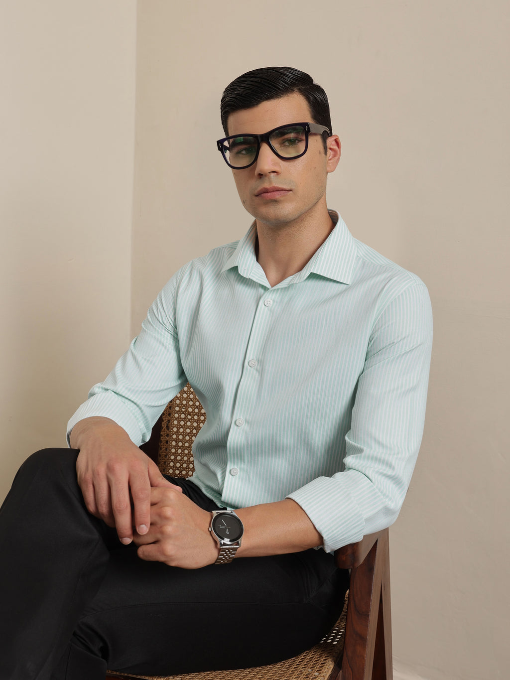 Thomas Scott Men Smart Green Regular Fit Long Sleeves Semi Cutaway Collar Pinstripes Formal Shirt