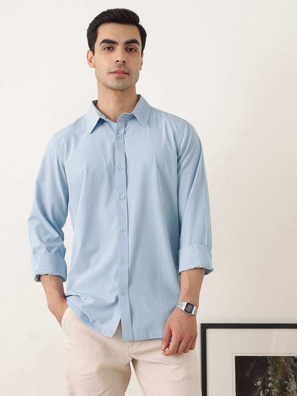 Thomas Scott Men Premium Sky Blue Slim Fit Long Sleeves Spread Collar Solid Casual Shirt