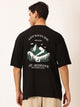 Black Oversized Short Sleeves Round Neck Typography Printed Knitted Cotton Tshirt For Men