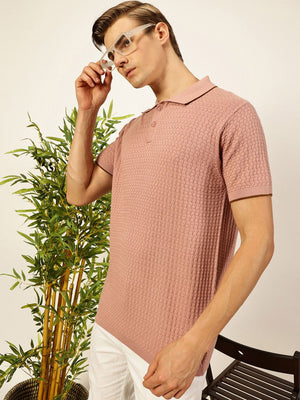 Pink Short Sleeves Regular Fit Self Design Cotton Polo Collar Knitted Tshirts For Men