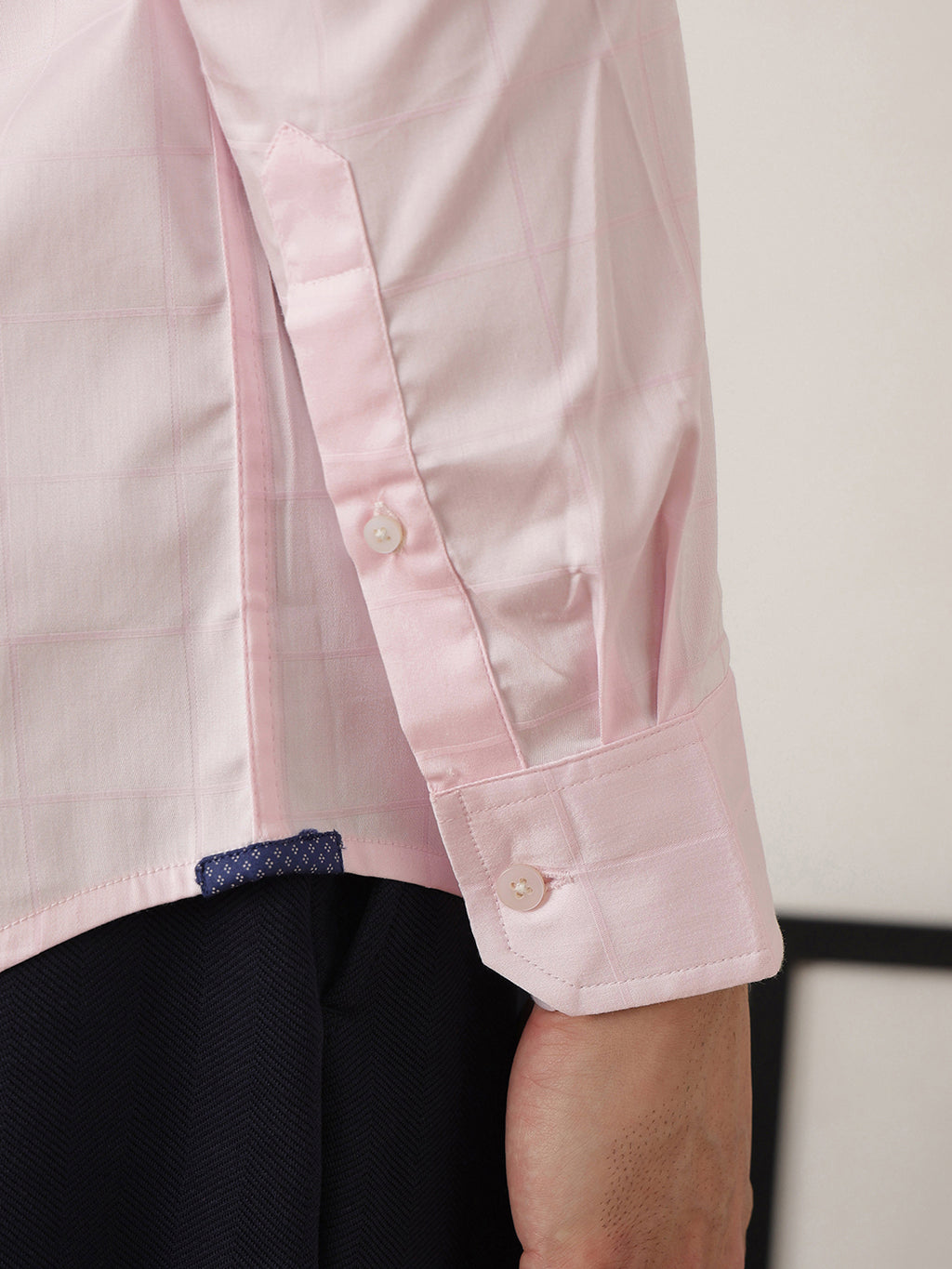 Thomas Scott Men Premium Pink Regular Fit Long Sleeves Spread Collar Windowpane Checks Cotton Lycra Casual Shirt