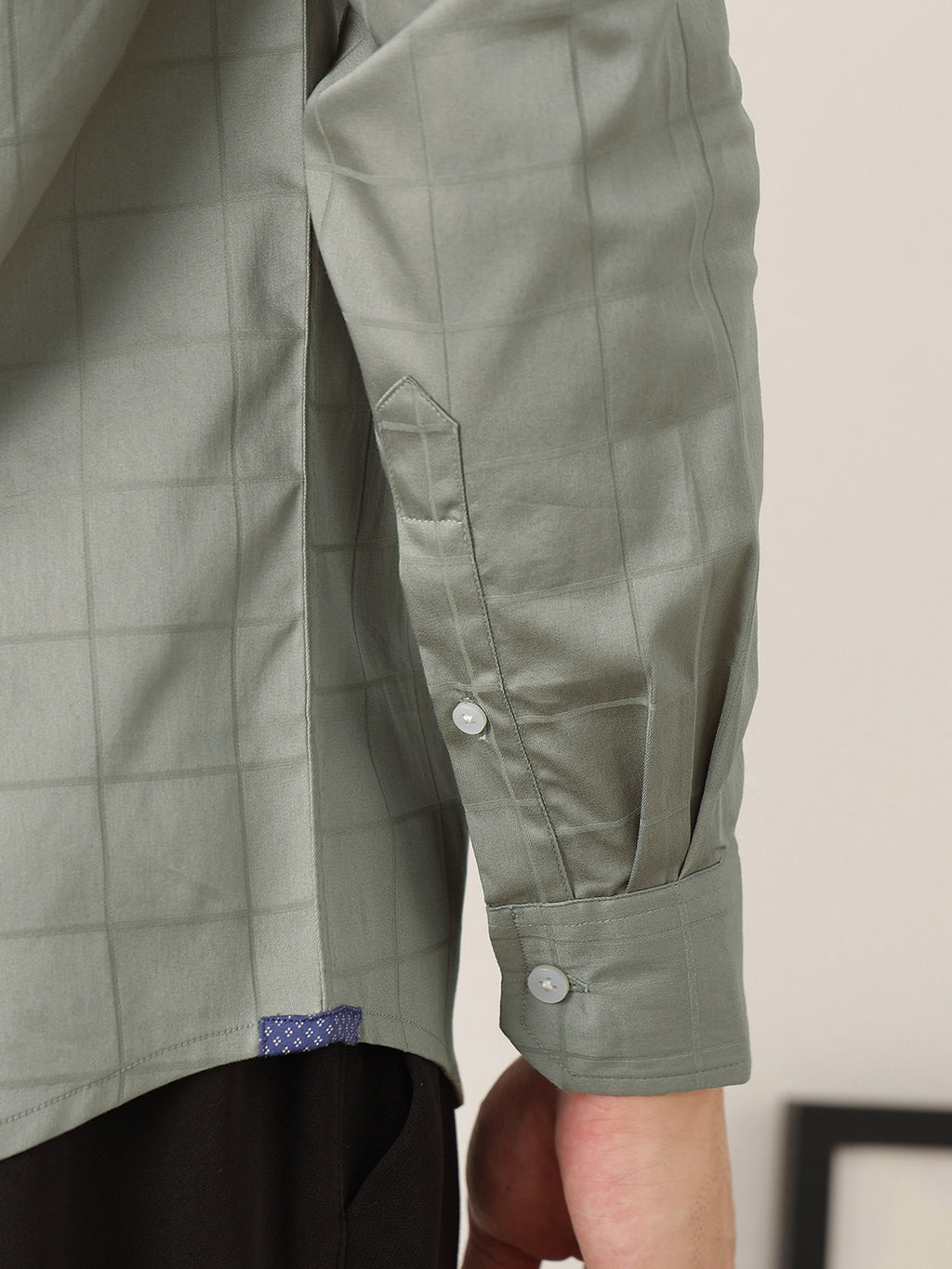 Thomas Scott Men Premium Sage Green Regular Fit Long Sleeves Spread Collar Windowpane Checks Cotton Lycra Casual Shirt