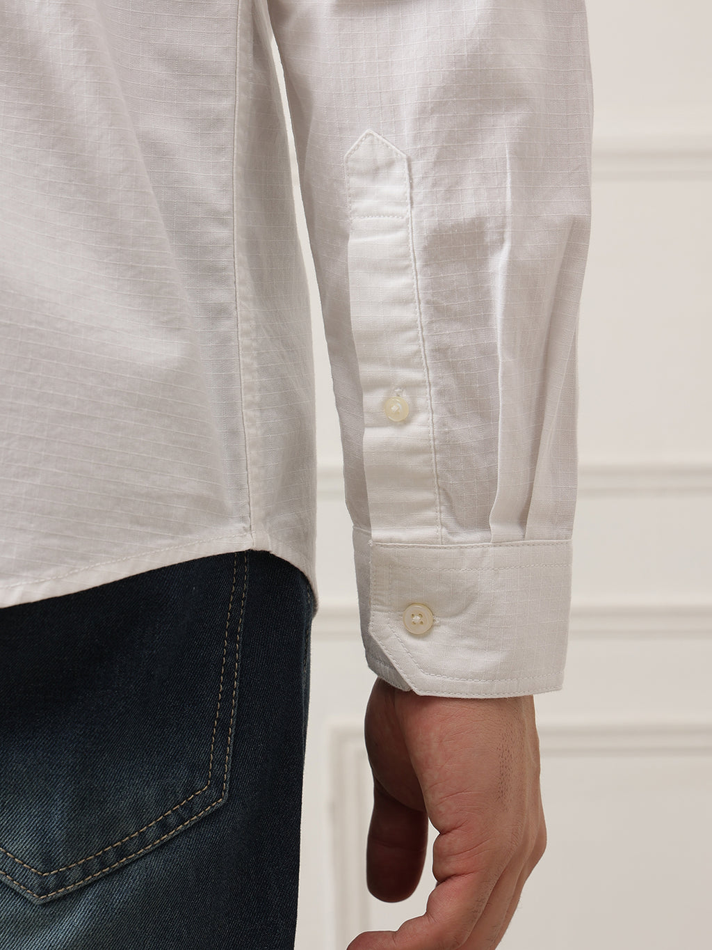 White Optical Roll-Up Sleeve Regular Fit Spread Collar Textured Cotton Casual Shirt For Men