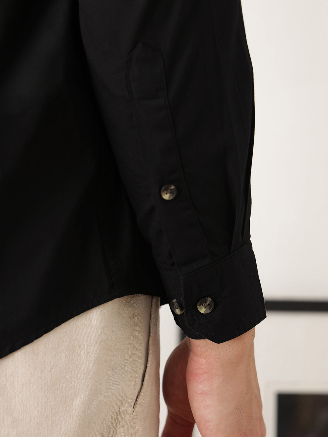 Thomas Scott Men Black Premium Slim Fit Long Roll-Up Sleeves Spread Collar Solid Cotton Casual Shirts