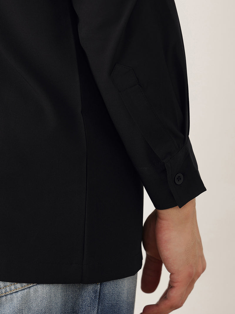 Thomas Scott Men Premium Black Slim Fit Long Sleeves Spread Collar Solid Casual Shirt