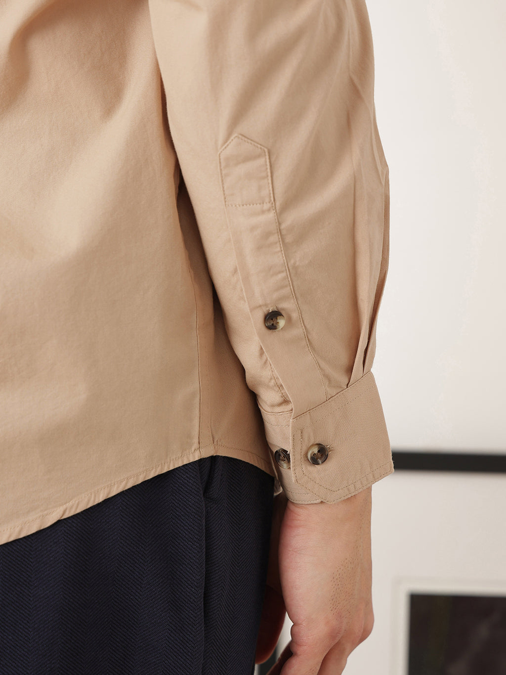 Thomas Scott Men Premium Khaki Slim Fit Long Roll-Up Sleeves Spread Collar Solid Cotton Casual Shirts