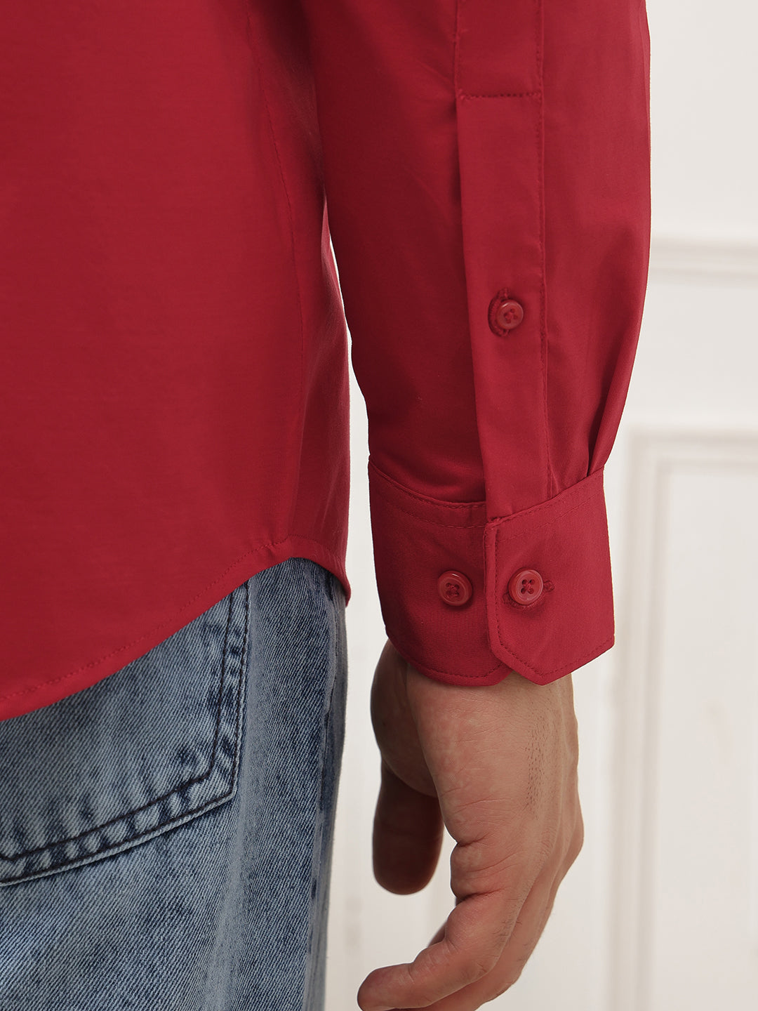 Thomas Scott Men Red Premium Regular Fit Spread Collar Full Sleeve Solid Cotton Casual Shirt