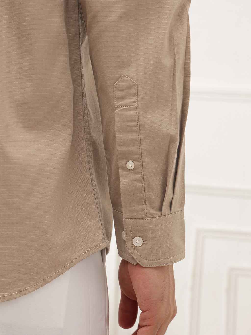 Beige Roll-Up Sleeve Regular Fit Spread Collar Textured Cotton Casual Shirt For Men
