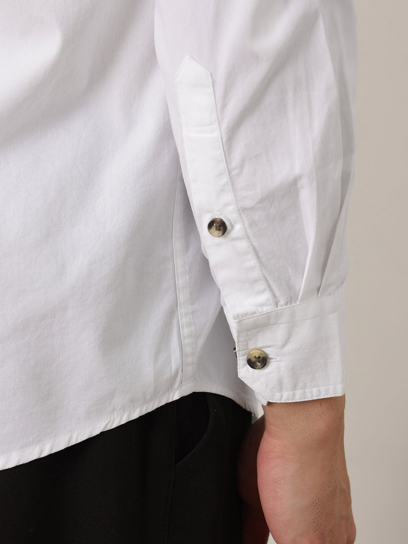 Thomas Scott Men Premium White Slim Fit Long Roll-Up Sleeves Spread Collar Solid Cotton Casual Shirts