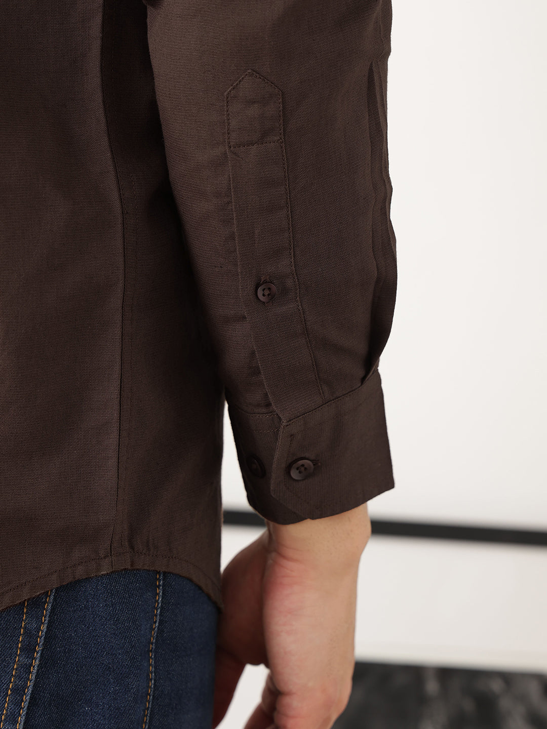 Thomas Scott Men Premium Brown Slim Fit Long Sleeves Mandarin Collar Solid Cotton Linen Casual Shirt
