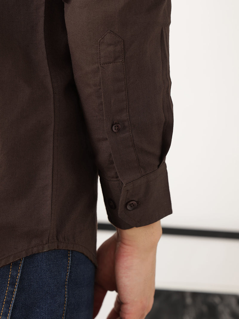 Thomas Scott Men Premium Brown Slim Fit Long Sleeves Mandarin Collar Solid Cotton Linen Casual Shirt