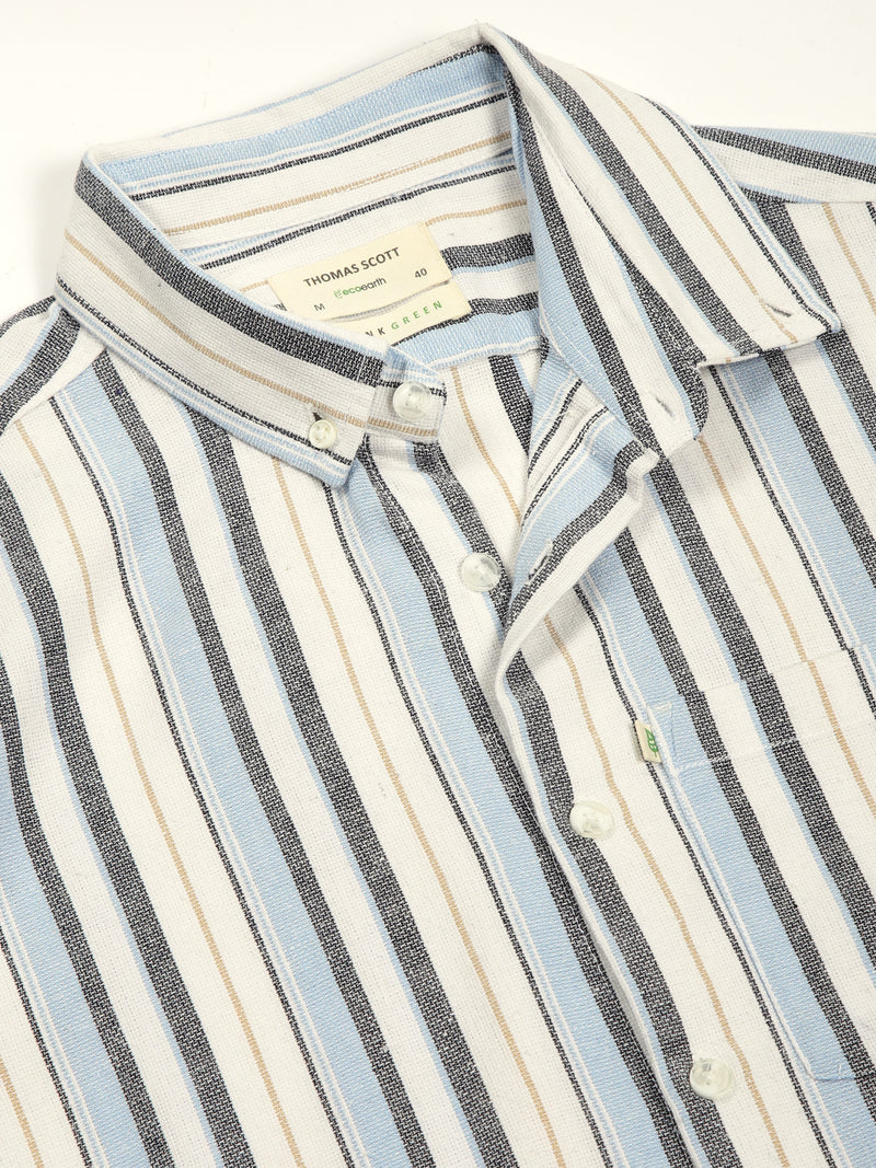 Thomas Scott Men Light Blue Premium Long Sleeves Slim Fit Button-Down Collar Vertical Stripes Casual Shirt
