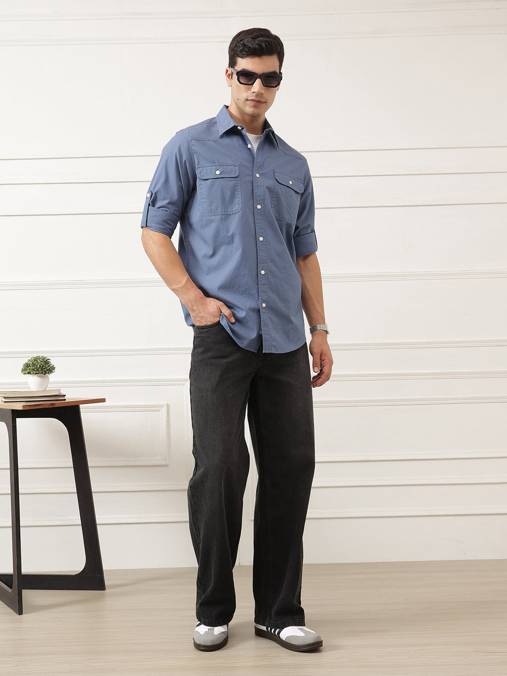 Mid Blue Roll-Up Sleeve Regular Fit Spread Collar Textured Cotton Casual Shirt For Men