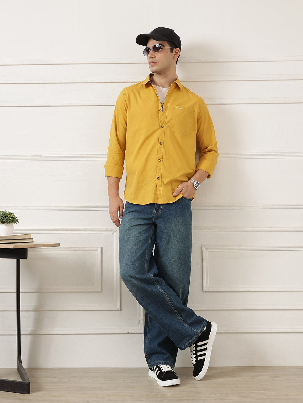 Yellow Premium Regular Fit Long Sleeves Spread Collar Solid Cotton Casual Shirt For Men