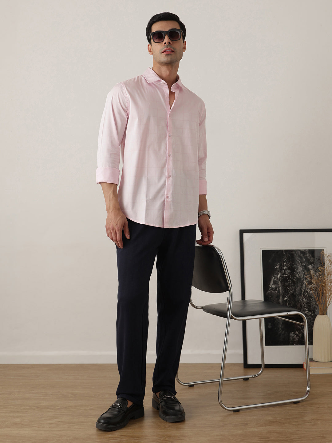 Thomas Scott Men Premium Pink Regular Fit Long Sleeves Spread Collar Windowpane Checks Cotton Lycra Casual Shirt