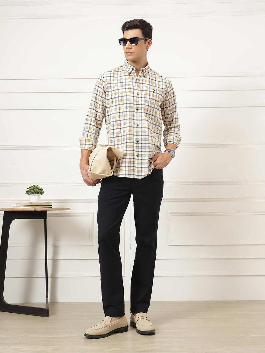 Off White Premium Regular Fit Tartan Checks Cotton Oxford Shirt For Men