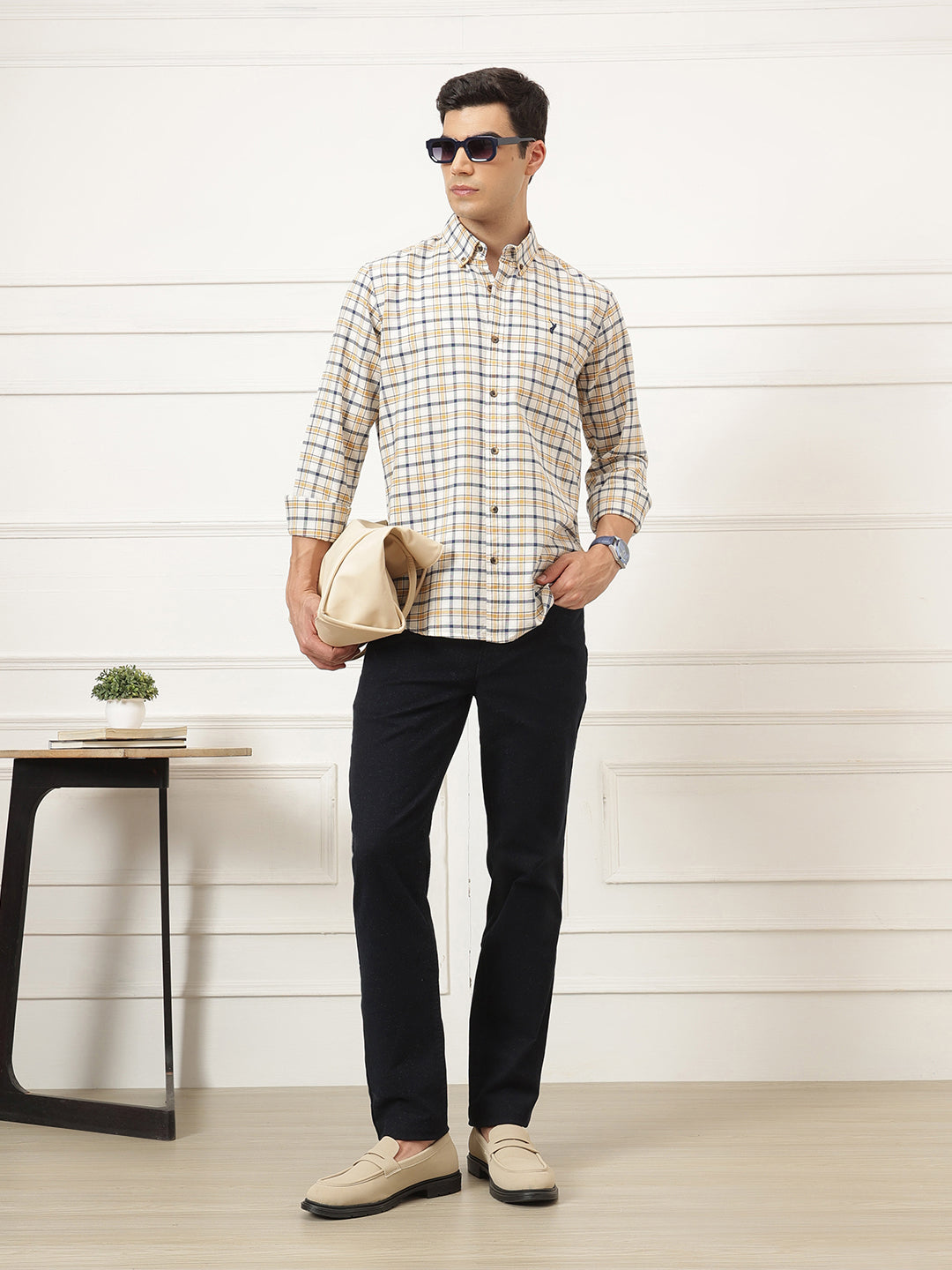 Off White Premium Regular Fit Tartan Checks Cotton Oxford Shirt For Men