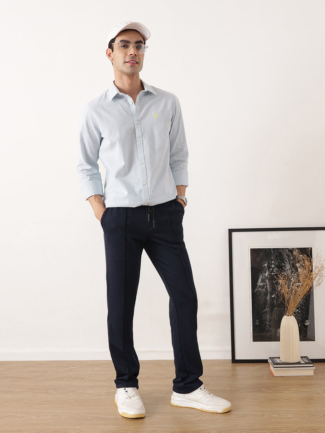 Thomas Scott Men Navy Smart Regular Fit Mid-Rise Textured Pleated Knitted Casual Trousers with Drawstring Closure