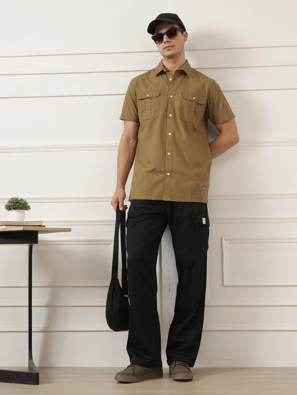 Khaki Premium Regular Fit Short Sleeves Spread Collar Textured Casual Shirt For Men