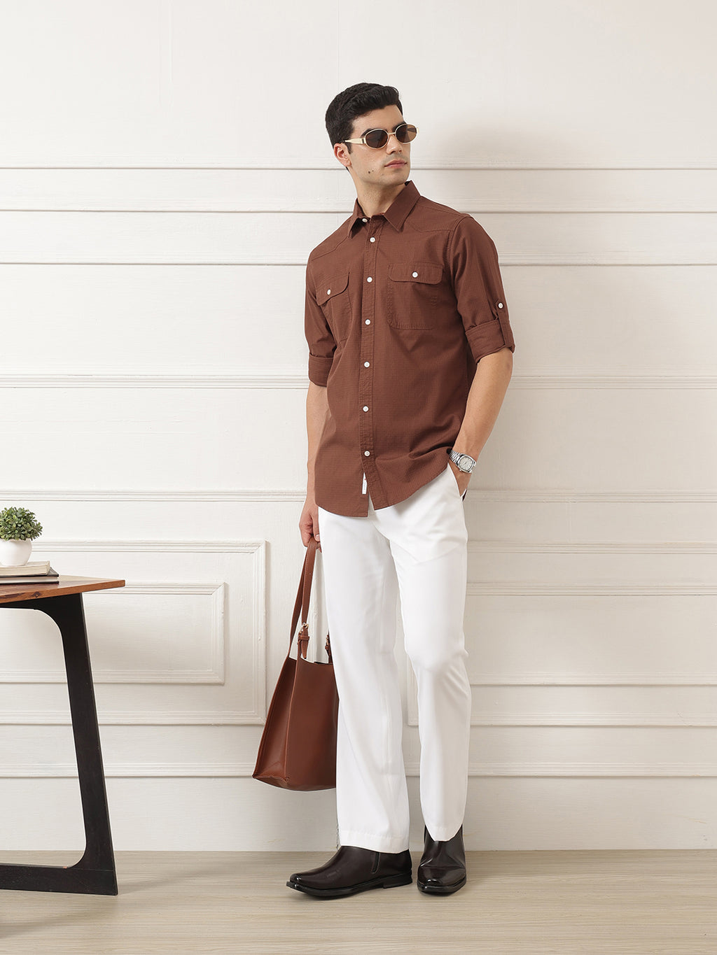 Rust Roll-Up Sleeve Regular Fit Spread Collar Textured Cotton Casual Shirt For Men