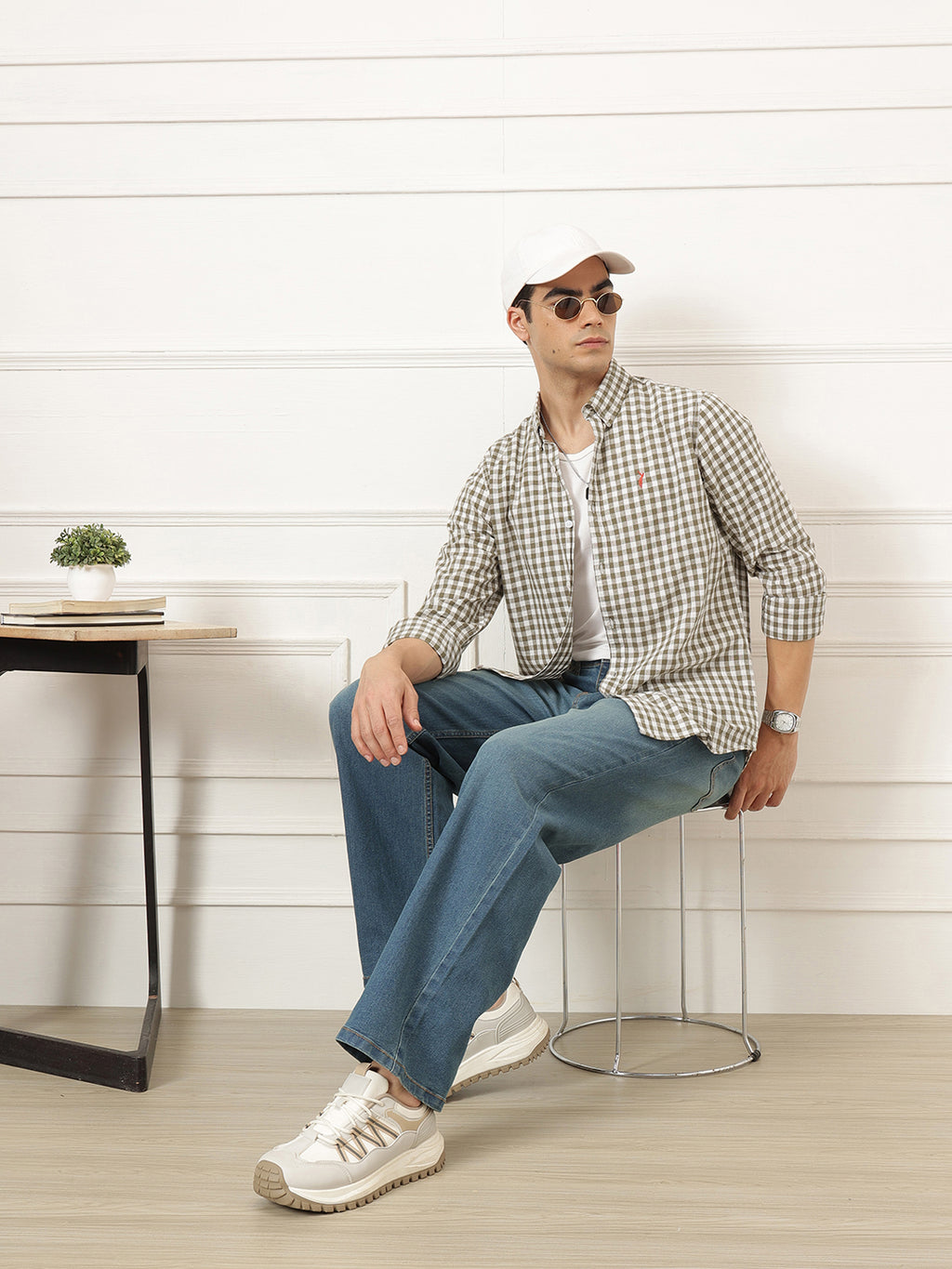 Brown Premium Regular Fit Gingham Checks Cotton Linen Shirt For Men