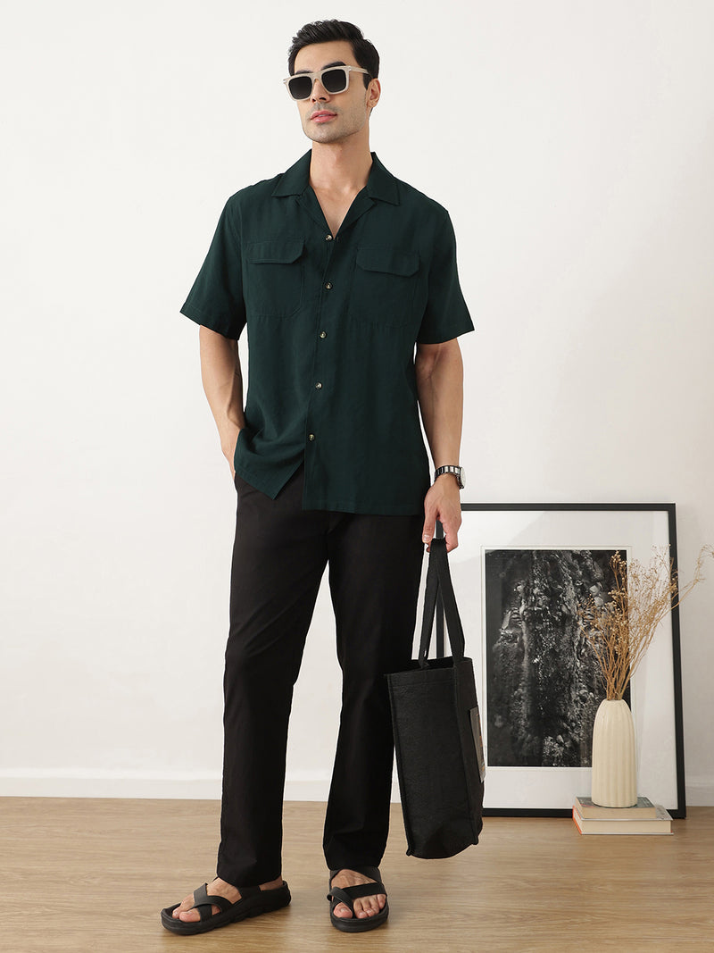Thomas Scott Men Premium Olive Oversize Fit Short Sleeves Cuban Collar Textured Casual Shirt