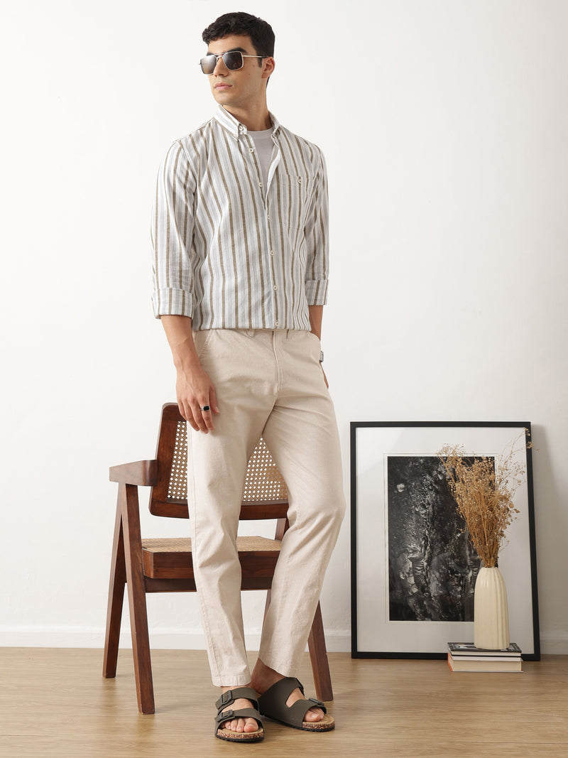 Thomas Scott Men Premium White Slim Fit Long Sleeves Vertical Striped Cotton Linen Casual Shirt with Button Down Collar