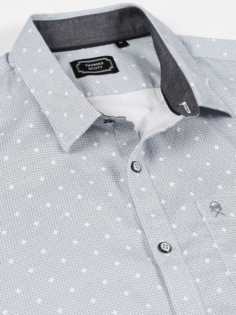 Thomas Scott Men Blue Smart Slim Fit Long Sleeves Spread Collar Micro Ditsy Printed Cotton Casual Shirt