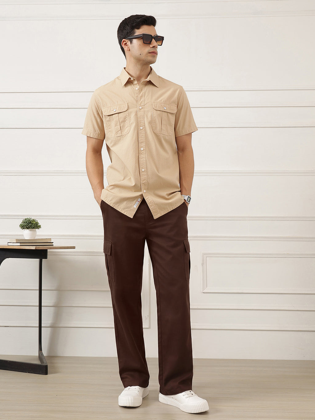 Beige Premium Regular Fit Short Sleeves Spread Collar Textured Casual Shirt For Men