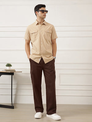 Beige Premium Regular Fit Short Sleeves Spread Collar Textured Casual Shirt For Men