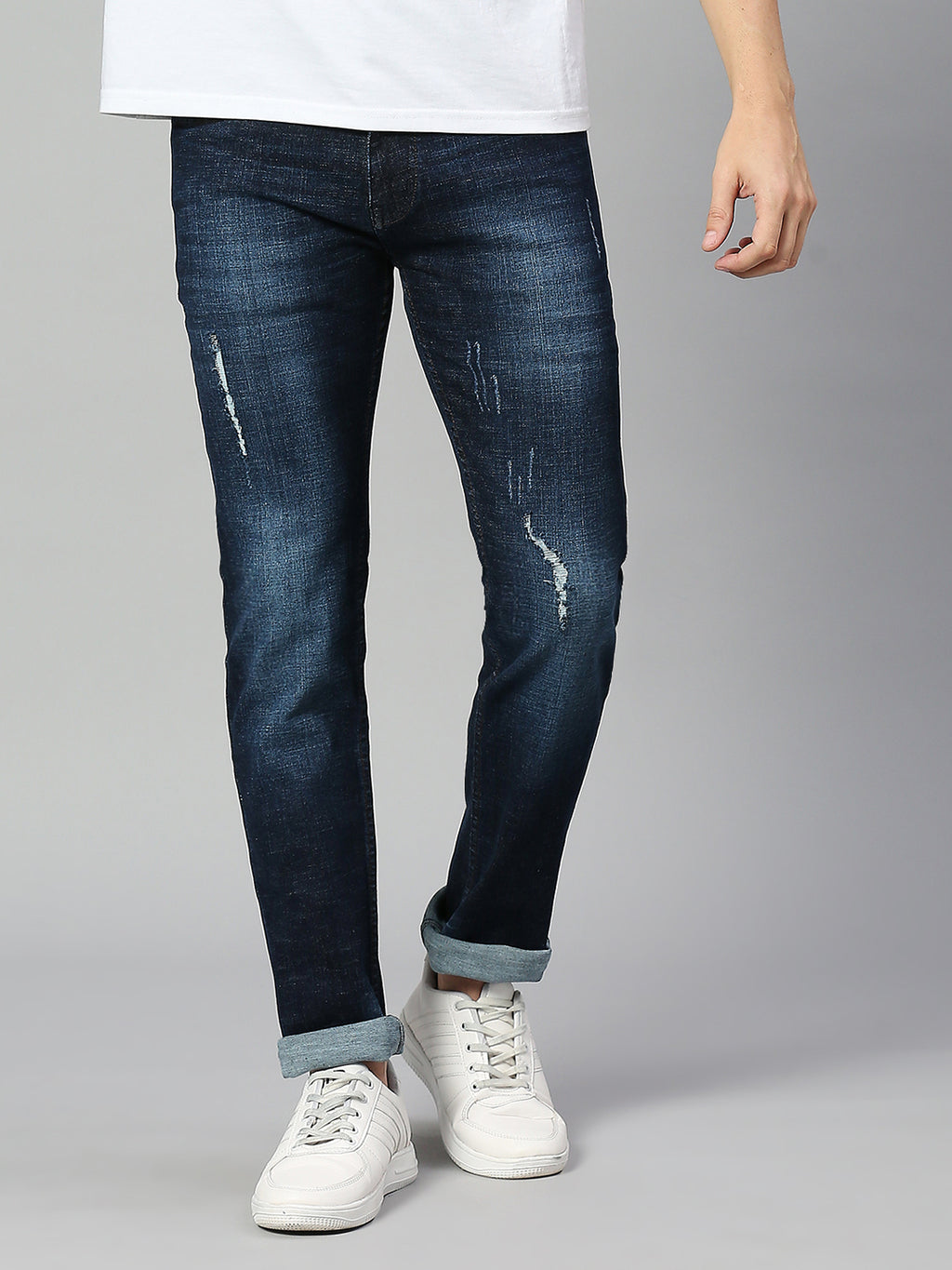 Dark Blue  Navy Blue Smart Slim Fit Low Distress Heavy Fade Stretchable Jeans