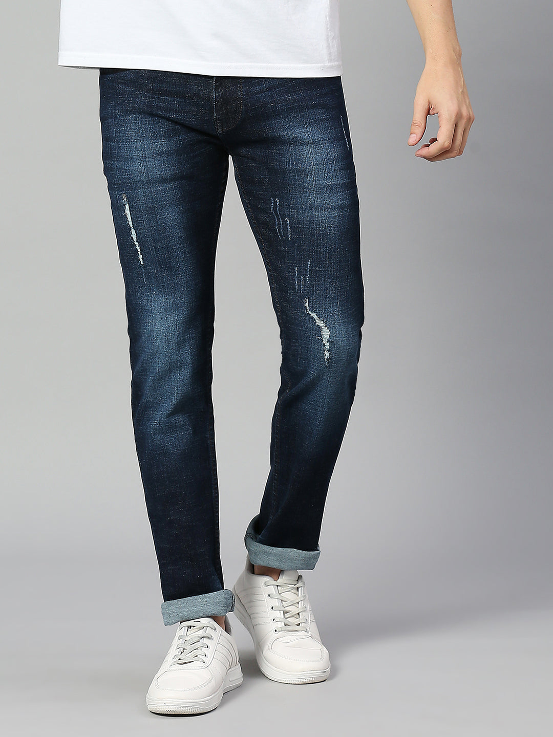 Dark Blue  Navy Blue Smart Slim Fit Low Distress Heavy Fade Stretchable Jeans