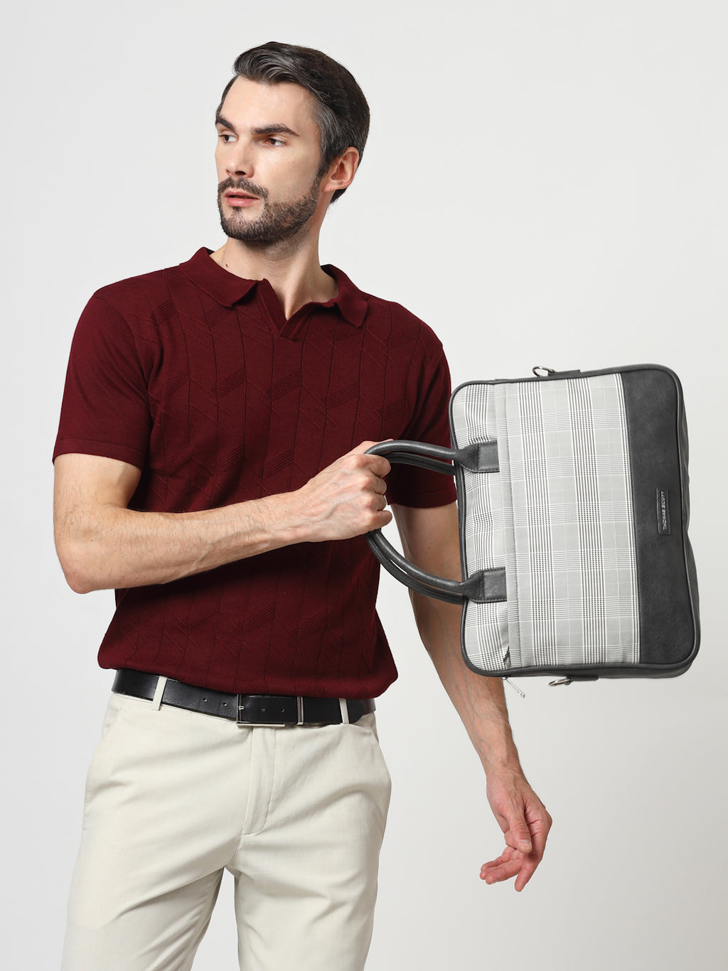 Thomas Scott Men Checked PU Laptop Bag