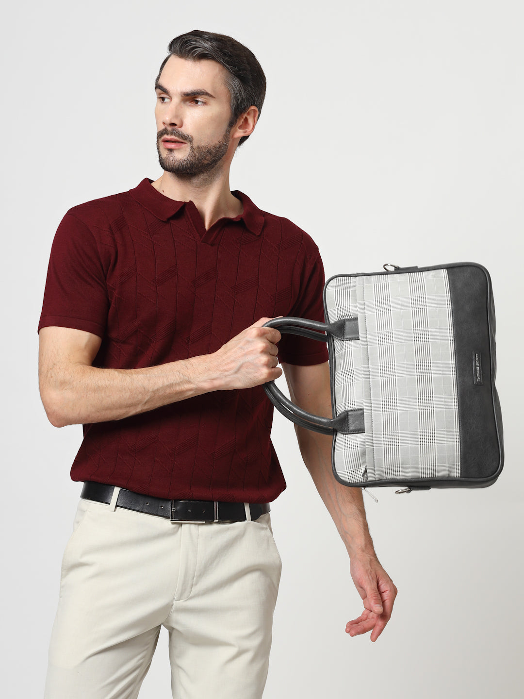 Thomas Scott Men Checked PU Laptop Bag