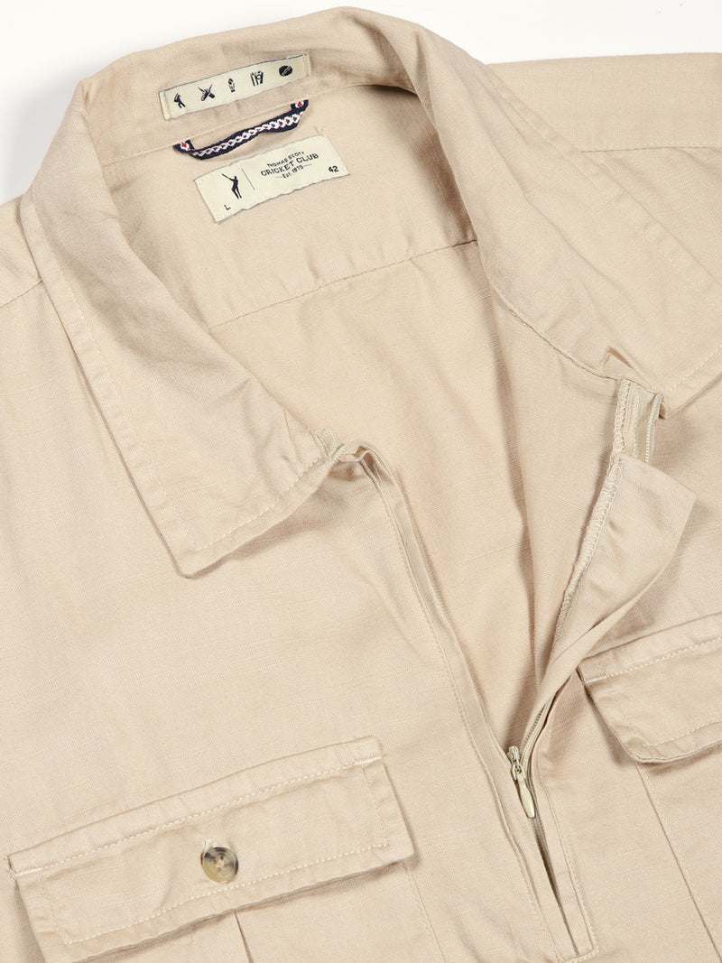 Thomas Scott Men Beige Classic Spread Collar Solid Cotton Casual Shirt