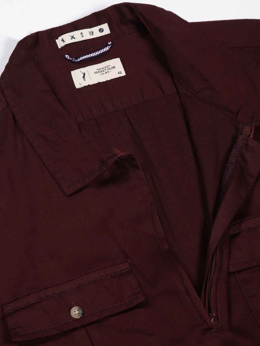 Thomas Scott Men Wine Classic Spread Collar Solid Cotton Casual Shirt