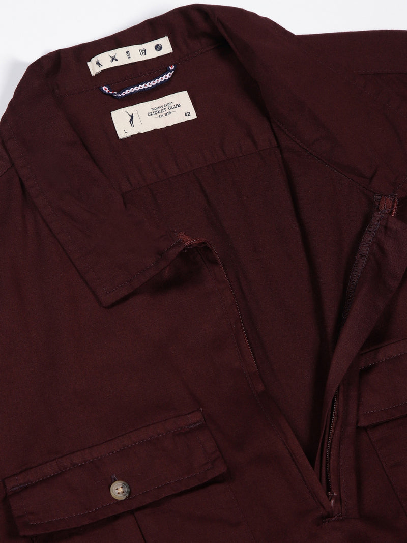 Thomas Scott Men Wine Classic Spread Collar Solid Cotton Casual Shirt