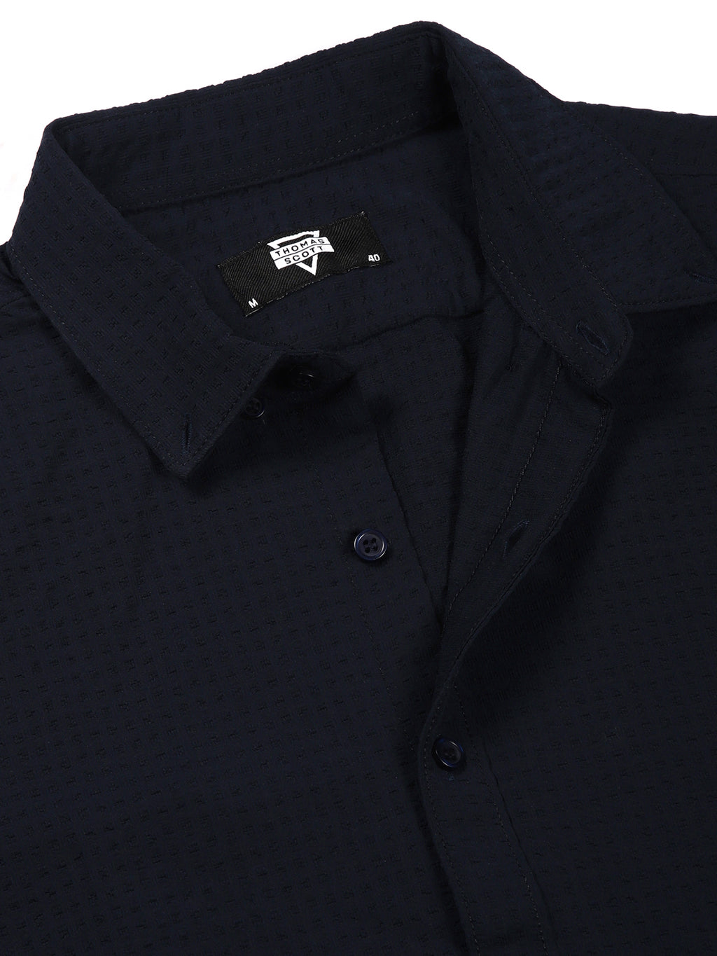 Thomas Scott Men Navy Classic Spread Collar Textured Solid Slim Fit Casual Shirt