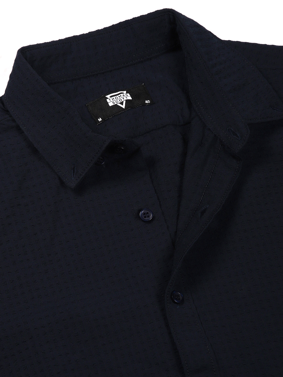 Thomas Scott Men Navy Classic Spread Collar Textured Solid Slim Fit Casual Shirt