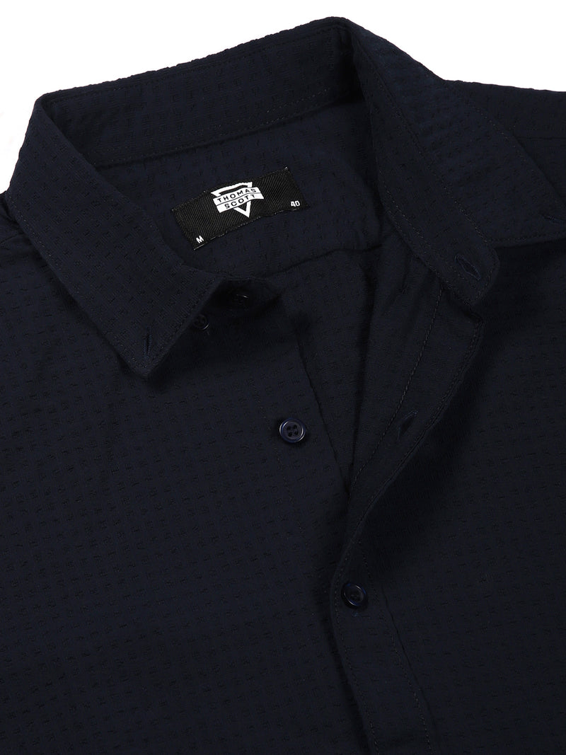 Thomas Scott Men Navy Classic Spread Collar Textured Solid Slim Fit Casual Shirt