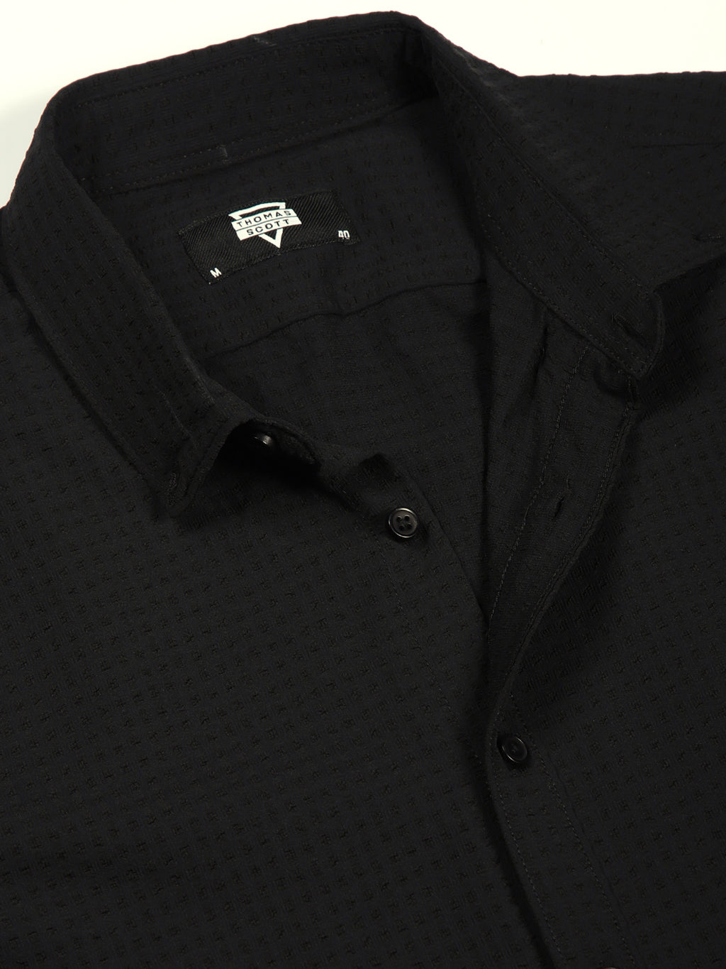 Thomas Scott Men Black Smart Button-Down Collar Textured Solid Slim Fit Casual Shirt