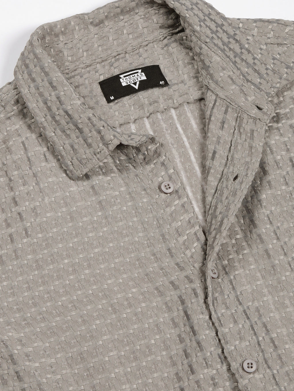 Thomas Scott Men Grey Premium Spread Collar Textured Solid Slim Fit Casual Shirt