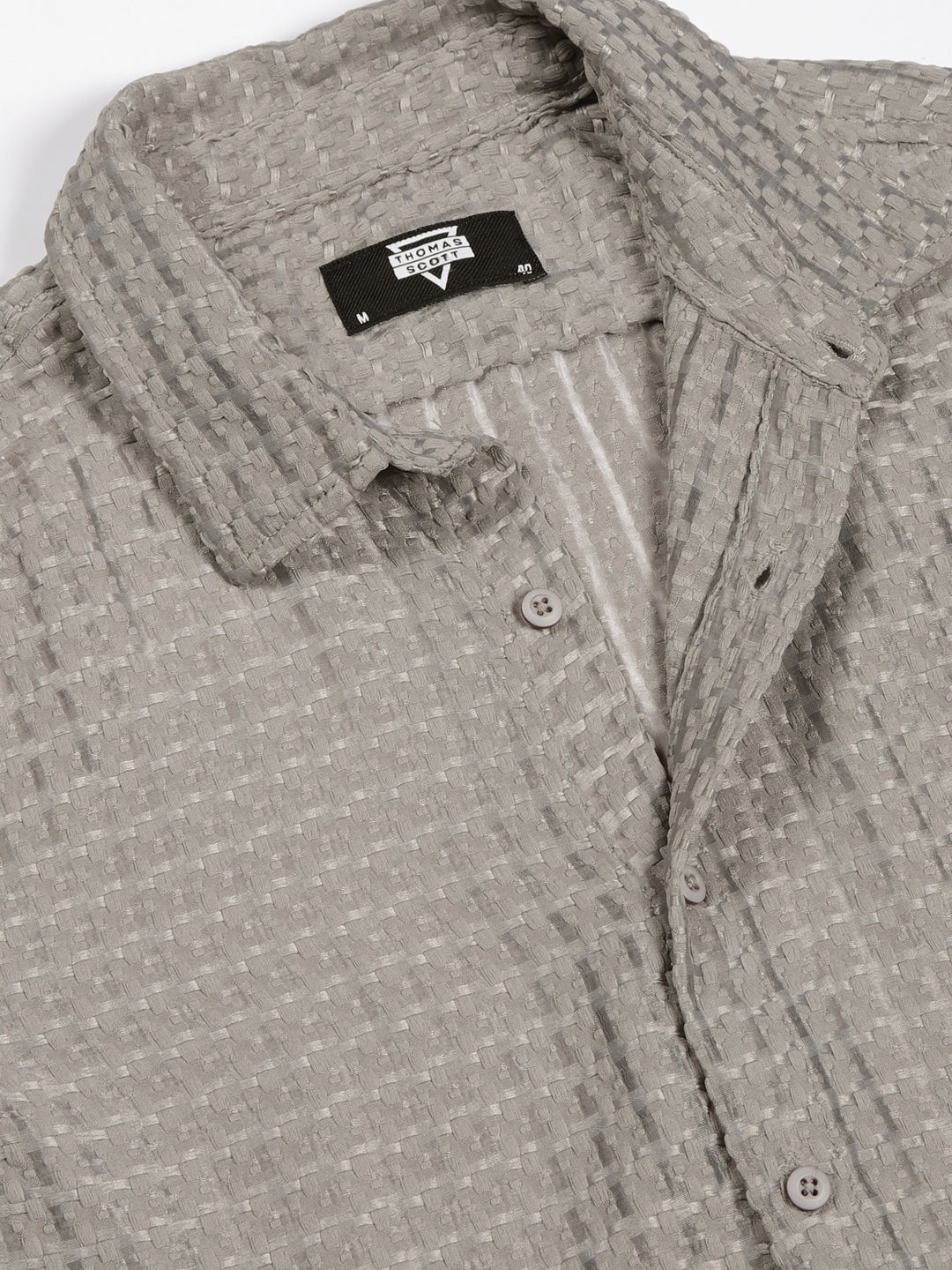 Thomas Scott Men Grey Premium Spread Collar Textured Solid Slim Fit Casual Shirt