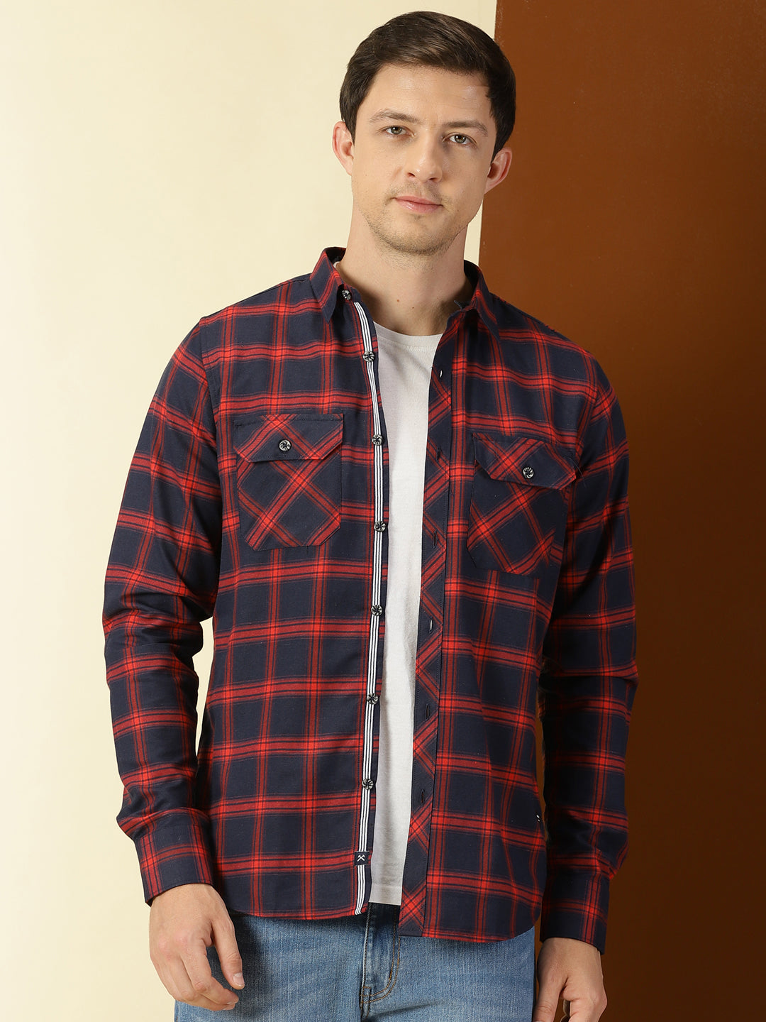 Thomas Scott Men Classic Hood Collar Tartan Checks Opaque Checked Casual Shirt