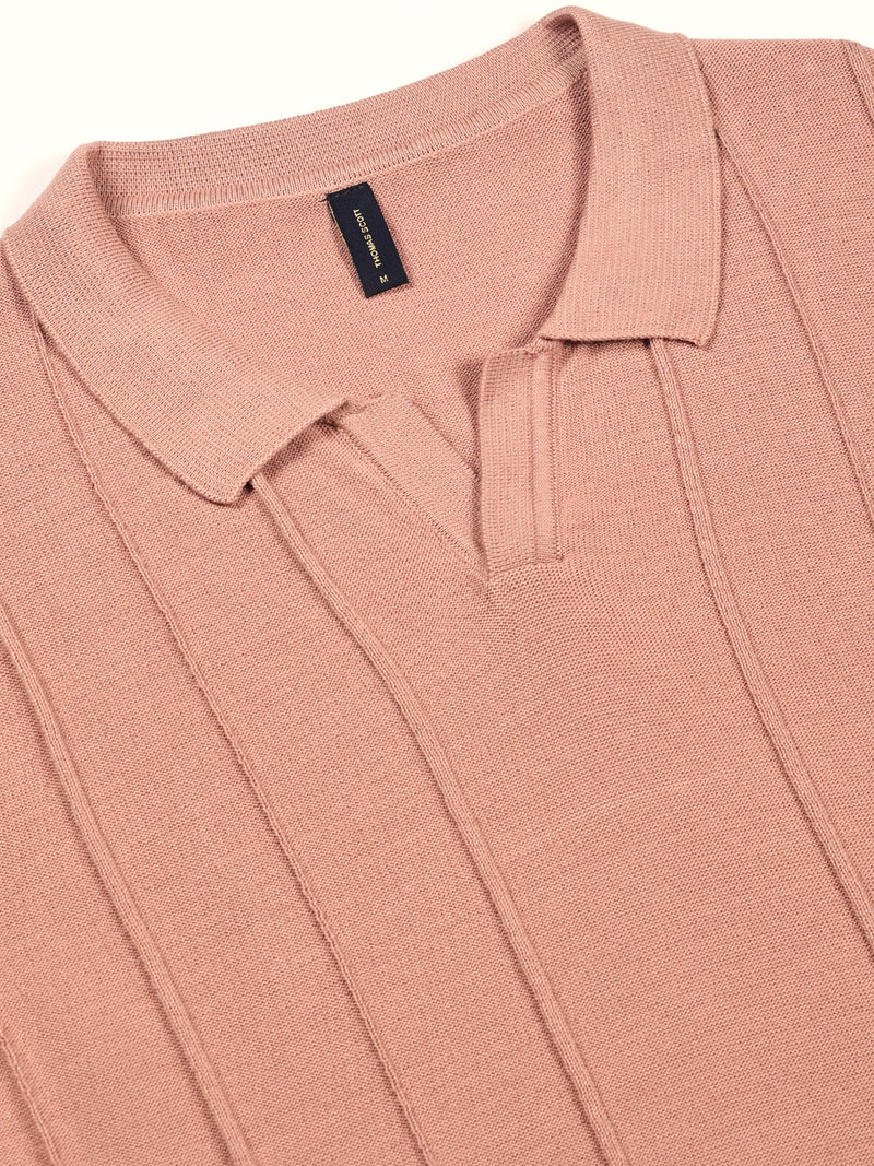 Thomas Scott Men Pink Knit Striped Polo Collar T-shirt